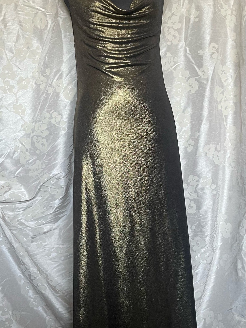 Backless Metallic Gold/Black Cowl Neck Evening Dress